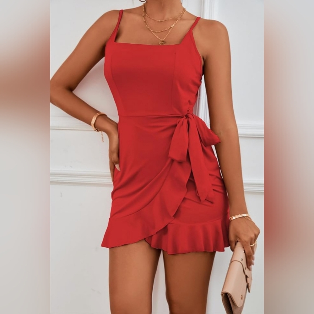 Chic Red Tie-Waist Mini Dress with Ruffle Hem